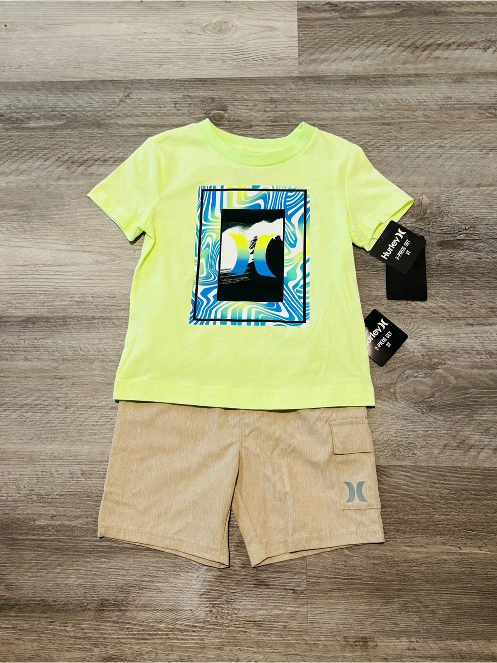 Hurley Neon Yellow Graphic Tee with Tan Shorts set 3T outfit